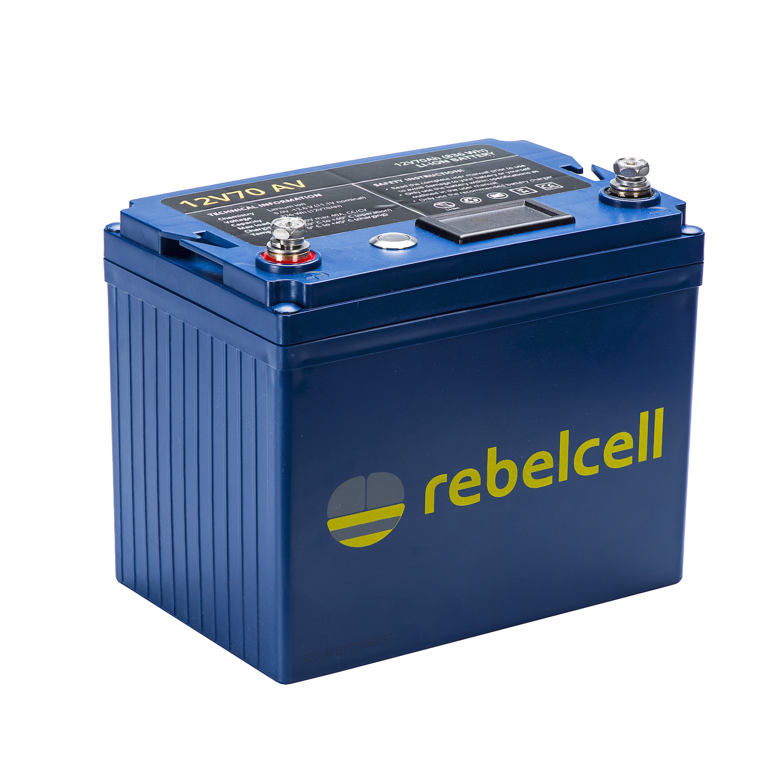 Rebelcell Li-Ion akku, 12V70Ah (836 Wh). Paino n. 4,9kg. Jännite/varausnäyttö